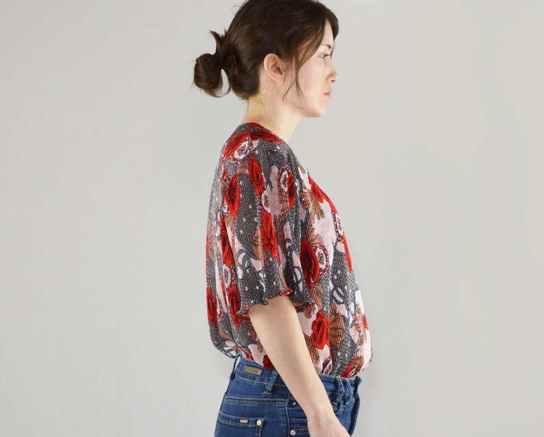 80s Vintage Floral Blouse Size Large Oversized Smocked Floral Top