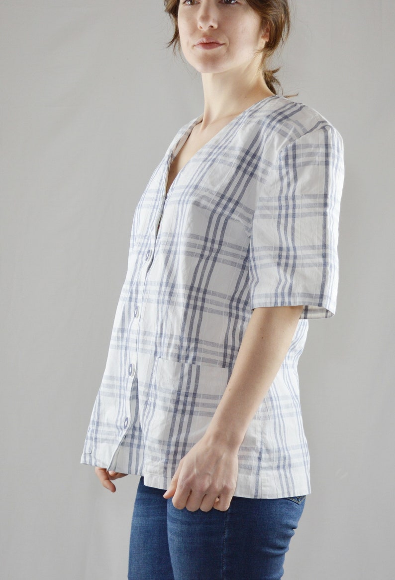 90s Vintage White Windowpane Plaid Blouse Size 11 Vintage Plaid Button Up Shirt