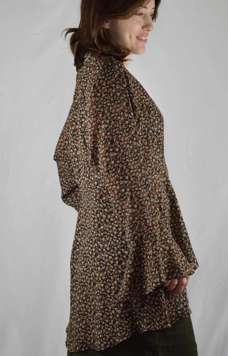 90s Vintage Long Brown Boho Floral Tunic Size 7-8