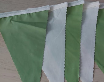 100ft HANDMADE Ready Made Ready Made Fabric Bunting - Single Ply - Pinked Edges - Sage Green & Cream Flags Sewn on to Cream Bias Tape