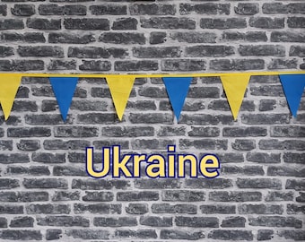 10ft - 50ft Lengths Handmade Football Team Colours Fabric Bunting - Ukraine - Single Ply - Pinked Edges - Blue + Yellow Flags - Gold Bias