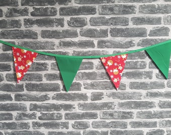 8ft HANDMADE Fabric Christmas Bunting - Single Ply - Pinked Edges - Green Red White Gingerbread Men Christmas Pudding Candy Cane Snow Flake
