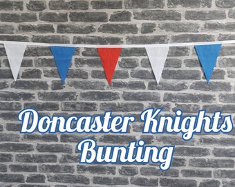 10ft Handmade Rugby Team Colours Fabric Bunting - Doncaster Knights - Single Ply - Pinked Edges - Blue, Red & White Flags - White Bias Tape