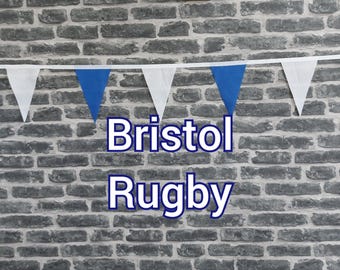 10ft Handmade Rugby Team Colours Fabric Bunting - Bristol Rugby - Single Ply - Pinked Edges - Blue + White Flags - White Bias Tape