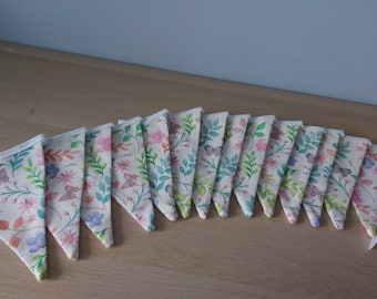 12ft HANDMADE Double Sided Fabric Bunting - Ready Made - Leaves Butterflies Flowers Pink Blue Green Orange Aqua Lime Lilac - White Bias Tape