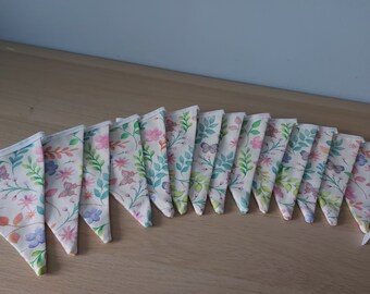 12ft HANDMADE Double Sided Fabric Bunting - Ready Made - Leaves Butterflies Flowers Pink Blue Green Orange Aqua Lime Lilac - White Bias Tape