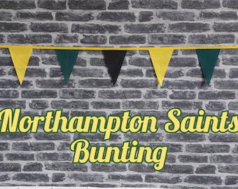 10ft Handmade Rugby Team Colours Fabric - Northampton Saints - Single Ply - Pinked Edges - Green, Yellow & Black Flags - Black Bias Tape