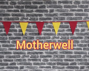 10ft Handmade Football Team Colours Fabric Bunting - Motherwell - Single Ply - Pinked Edges - Burgundy + Yellow Flags - Burgundy Bias Tape