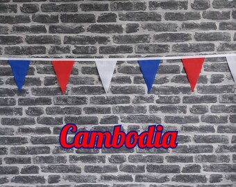 10ft - 50ft Lengths Handmade Fabric Bunting Football Sport Country Decoration - Cambodia - Single Ply - Pinked Edge - Red, White & Blue Flag