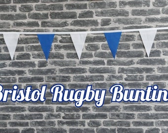 10ft Handmade Rugby Team Colours Fabric Bunting - Bristol Rugby - Single Ply - Pinked Edges - Blue + White Flags - White Bias Tape