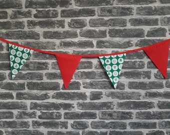 8ft HANDMADE Fabric Christmas Bunting - Single Ply - Pinked Edges - Green Red White - Red Bias Tape - Christmas Trees Festive Decoration