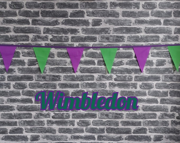 Featured listing image: 10ft - 50ft Lengths Handmade Wimbledon Colours Fabric Bunting - Sport - Single Ply - Pinked Edges - Green & Purple Flags - Purple Bias
