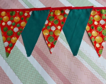 SALE 10ft HANDMADE Fabric Christmas Bunting - Single Ply  - Festive Christmas Baubles Red Green Gold Traditional   - RED Bias Tape