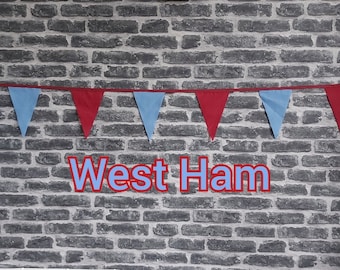 10ft - 50ft Lengths Handmade Colours Fabric Bunting - West Ham - Single Ply - Burgundy & Blue Flags - Burgundy Bias Tape