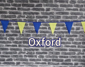 10ft - 50ft Lengths Handmade Football Team Colours Fabric Bunting - Oxford - Single Ply - Blue + Yellow Flags - Blue Bias Tape