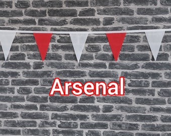 10ft - 50ft Lengths Handmade Football Team Colours Fabric Bunting - Arsenal - Single Ply - Red & White Flags - White Bias Tape