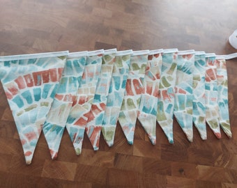 10ft HANDMADE Double Sided Fabric Bunting - Ready Made - Mosaic Tile Teal Green Terracotta  - White Bias Tape