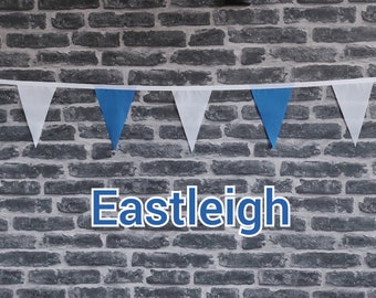 10ft Handmade Football Team Colours Fabric Bunting - Eastleigh - Single Ply - Pinked Edges - Blue + White Flags - White Bias Tape