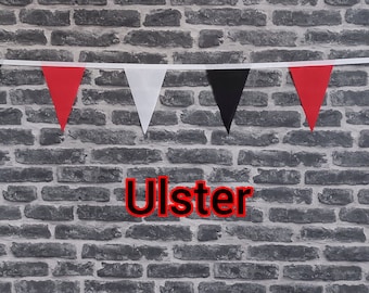 10ft Handmade Rugby Team Colours Fabric Bunting - Ulster Rugby - Single Ply - Pinked Edges - Black, Red & White Flags - White Bias