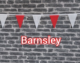 10ft - 50ft Lengths Handmade Football Team Colours Fabric Bunting - Barnsley - Single Ply - Red & White Flags - White Bias Tape