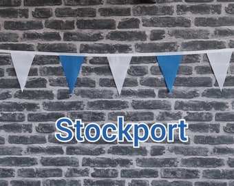 10ft Handmade Football Team Colours Fabric Bunting - Stockport County - Single Ply - Pinked Edges - Blue + White Flags - White Bias Tape