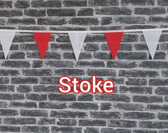 10ft - 50ft Lengths Handmade Football Team Colours Fabric Bunting - Stoke City - Single Ply - Red & White Flags - White Bias Tape