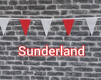 10ft - 50ft Lengths Handmade Football Team Colours Fabric Bunting - Sunderland - Single Ply - Red & White Flags - White Bias Tape