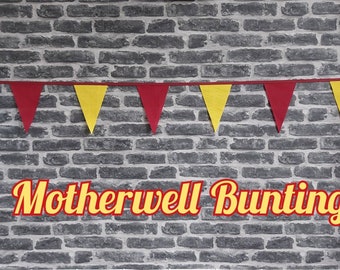 10ft Handmade Football Team Colours Fabric Bunting - Motherwell - Single Ply - Pinked Edges - Burgundy + Yellow Flags - Burgundy Bias Tape