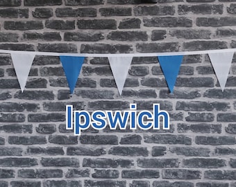 10ft - 50ft Lengths Handmade Football Team Colours Fabric Bunting - Ipswich Town - Single Ply - Blue + White Flags - White Bias Tape