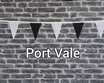 10ft - 50ft Lengths Handmade Football Team Colours Fabric Bunting - Port Vale - Single Ply - Black & White Flags - White Bias Tape