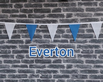 10ft - 50ft Lengths Handmade Football Team Colours Fabric Bunting - Everton - Single Ply - Blue + White Flags - White Bias Tape