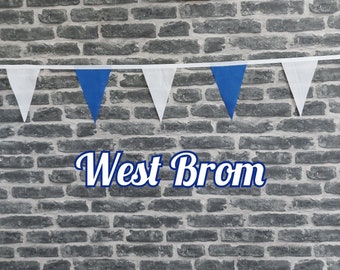 10ft - 50ft Lengths Handmade Football Team Colours Fabric Bunting - West Bromwich Albion - Single Ply - Blue + White Flags - White Bias Tape