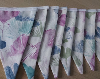 10ft HANDMADE Double Sided Fabric Bunting - Ready Made - Purple Aqua Blue Palm Leaves - White Bias Tape