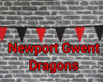 10ft Handmade Rugby Team Colours Fabric - Newport Gwent Dragons - Single Ply - Pinked Edges - Black & Red Flags - Black Bias Tape