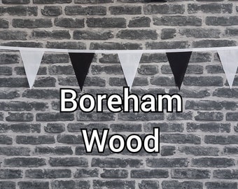 10ft Handmade Football Team Colours Fabric Bunting - Boreham Wood - Single Ply - Pinked Edges - Black & White Flags - White Bias Tape