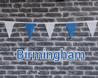 10ft - 50ft Lengths Handmade Football Team Colours Fabric Bunting - Birmingham City - Single Ply - Blue + White Flags - White Bias Tape
