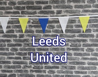 10ft - 50ft Lengths Handmade Football Team Colours Fabric Bunting - Leeds United - Single Ply - Blue, Yellow + White Flags - White Bias Tape