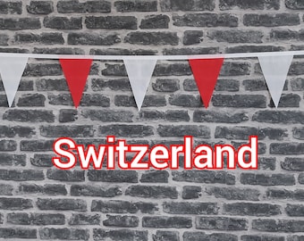 10ft Handmade Football Team Colours Fabric Bunting - Switzerland - Single Ply - Pinked Edge - Red & White Flag - White Bias