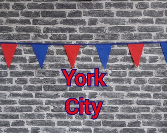 10ft Handmade Football Team Colours Fabric Bunting - York City - Single Ply - Pinked Edges - Red + Blue Flags - Royal Bias Tape