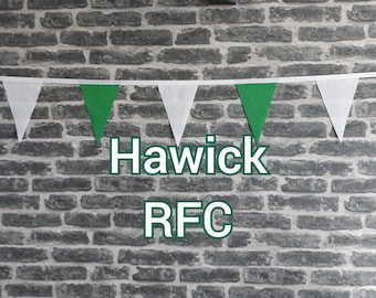 10ft Handmade Rugby Team Colours Fabric Bunting - Hawick RFC - Single Ply - Pinked Edges - Green + White Flags - White Bias Tape