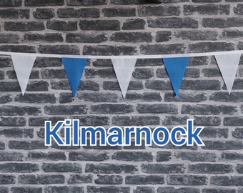 10ft Handmade Football Team Colours Fabric Bunting - Kilmarnock - Single Ply - Pinked Edges - Blue + White Flags - White Bias Tape