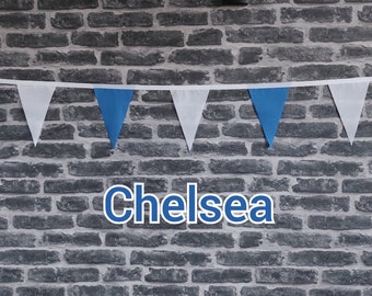 10ft - 50ft Lengths Handmade Football Team Colours Fabric Bunting - Chelsea - Single Ply - Blue + White Flags - White Bias Tape