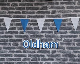 10ft Handmade Football Team Colours Fabric Bunting - Oldham Athletic - Single Ply - Pinked Edges - Blue + White Flags - White Bias Tape