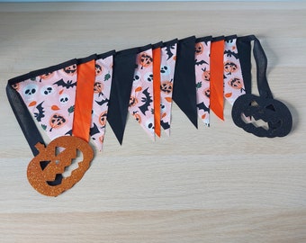 10ft HANDMADE Fabric Halloween Bunting - Single Ply -Fun Spooky Bats Pumpkins Skulls - Party Garden Home Decoration Black White Orange