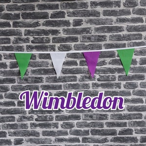 10 pés - 50 pés de comprimento feito à mão Wimbledon cores tecido bandeirinhas - esporte - camada única - bordas rosadas - bandeiras verde, branca e roxa - viés branco