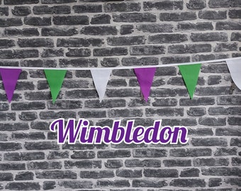 10ft - 50ft lengtes handgemaakte Wimbledon kleuren stoffen vlaggenlijn - Sport - Enkellaags - Roze randen - Groene, witte en paarse vlaggen - Witte bias