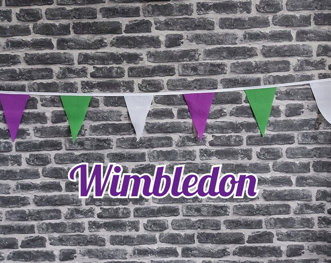 Featured listing image: 10ft - 50ft Lengths Handmade Wimbledon Colours Fabric Bunting - Sport - Single Ply - Pinked Edges - Green, White & Purple Flags - White Bias