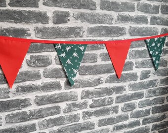 SALE 6ft HANDMADE Fabric Christmas Bunting - Single Ply - Pinked Edges -  Christmas Trees Bottle Green White Red - Red Bias Tape