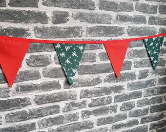 6ft HANDMADE Fabric Christmas Bunting - Single Ply - Pinked Edges -  Christmas Trees Bottle Green White Red - Red Bias Tape