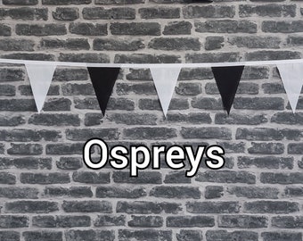 10ft Handmade Rugby Team Colours Fabric Bunting - Ospreys - Single Ply - Pinked Edges - Black & White Flags - White Bias Tape